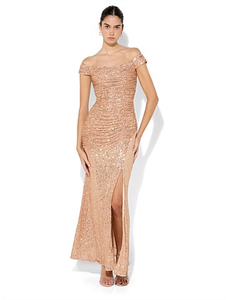 JEWEL SEQUIN OFF SHOULDER GOWN