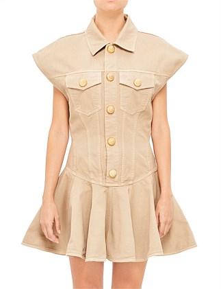 SHORT SLEEVE COTTON CANVAS FLARE SHORT DRESS