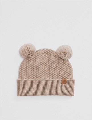 Organically Grown Cotton Blend Pom Ears Knit Beanie