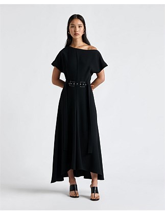 DOUBLE BUCKLE OFF SHOULDER MIDI DRESS