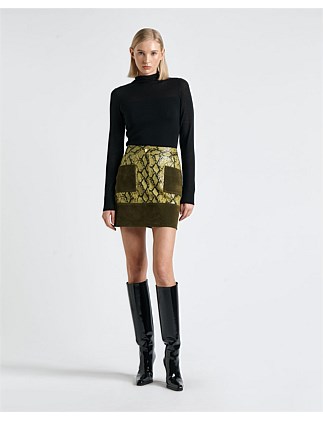 PYTHON AND FLOCKED DENIM MINI SKIRT