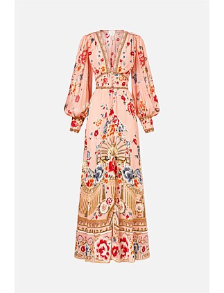 SHAPED WAISTBAND DRESS WITH GATHERED SLEEVES